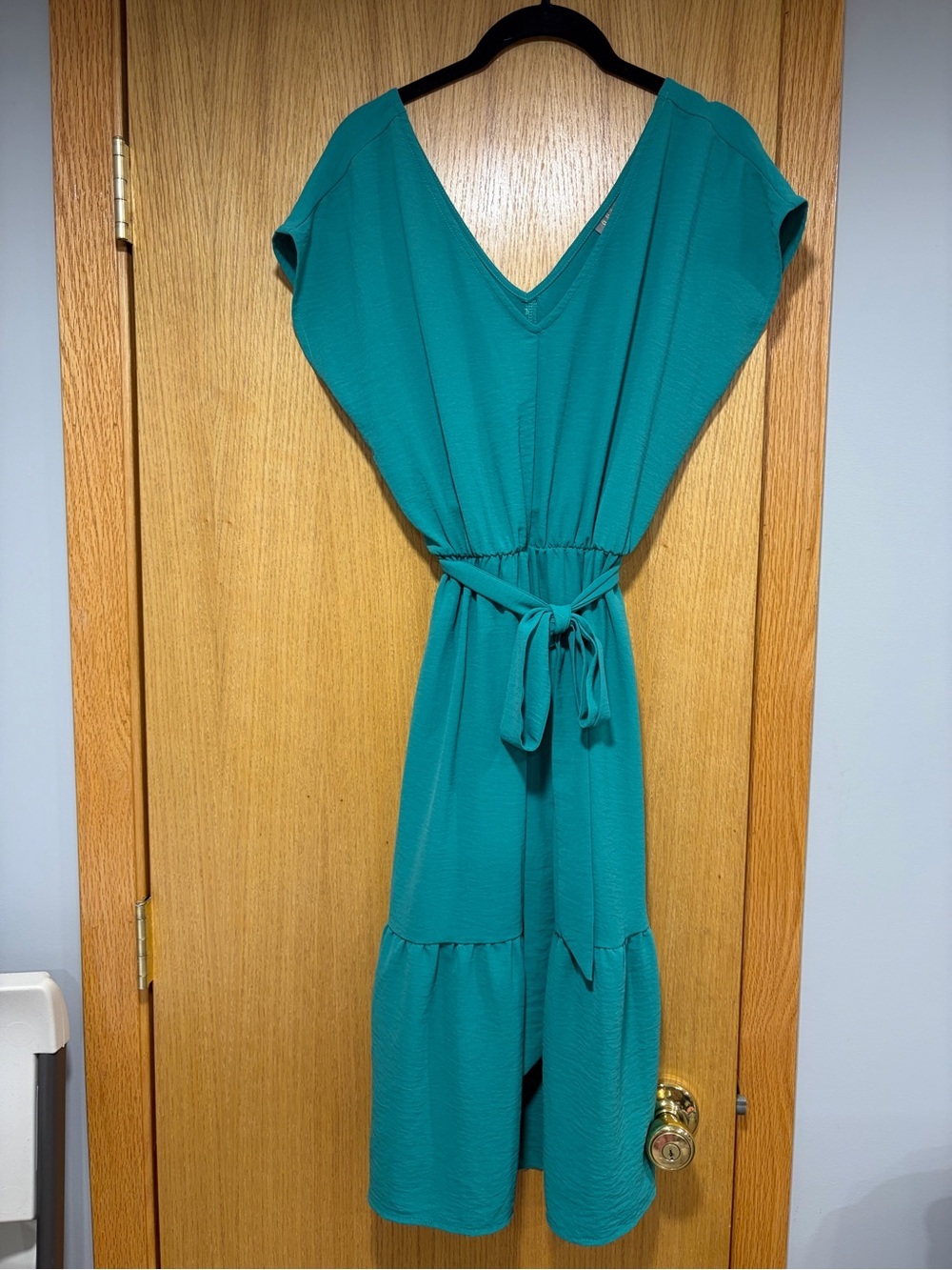 Dual Nature Green Belted V-Neck Knee Length Dress - Size XS
